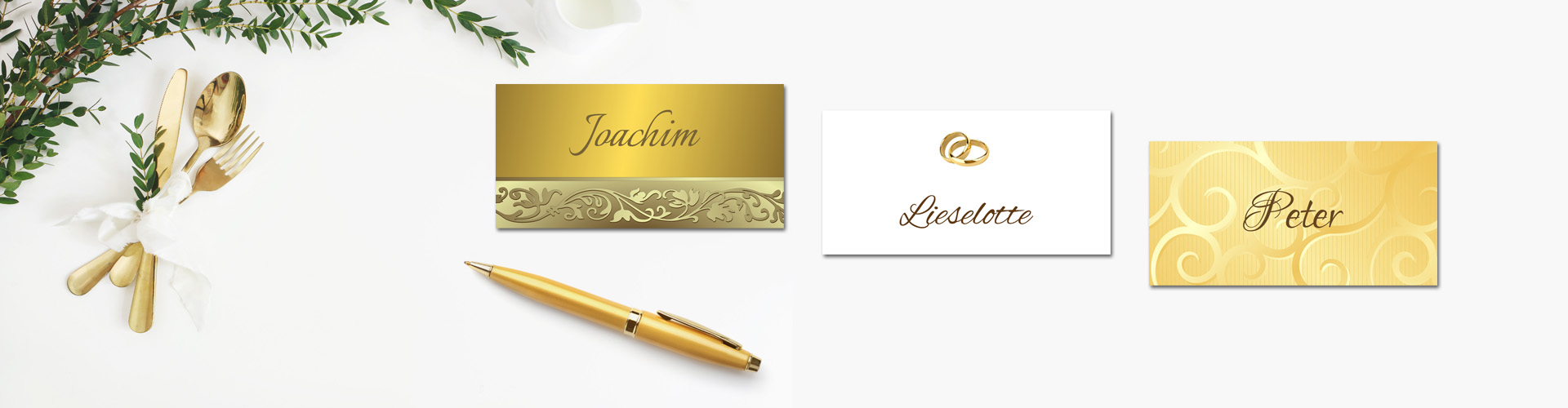 Tischkarten Goldene Hochzeit Tisch mit goldenem Besteck, Tischkarten und goldenem Stift