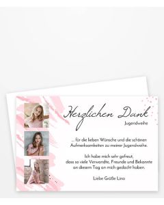 Jugendweihe Dankeskarte mit zarten Pinselstrichen in rosa, blau und grau.