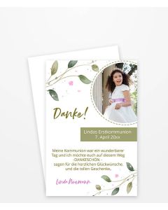 Dankeskarte zur Kommunion mit Blätterzweig und winzigen rosa Blüten.