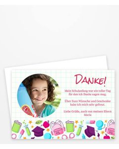 Dankeskarte zum Schulanfang mit Schulzeugs für Mädchen.