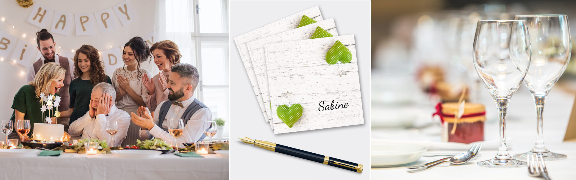 Tischkarten Hochzeit Tischkarten Hochzeit - gedeckter Tisch mit Tischkarte beschriftet mit Bräutigam und küssendem Brautpaar