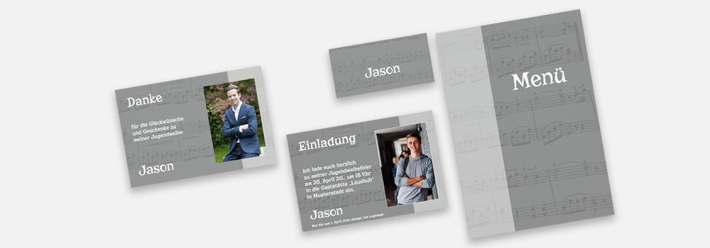 Einladungen zur Jugendwihe mit passenden Tischkarten, Menükarten, Dankeskarten