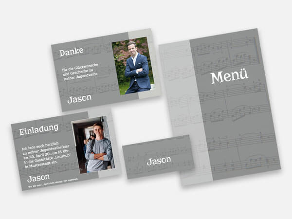 Einladungen zur Jugendwihe mit passenden Tischkarten, Menükarten, Dankeskarten