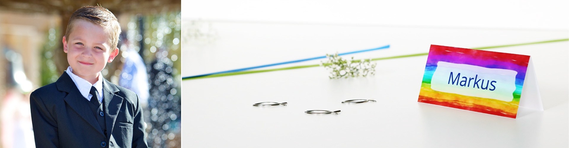 Tischkarten Kommunion Tischkarte Kommunion mit Tischkarte Regenbogen und kleinen silbernen Fischen und Kommunionskind