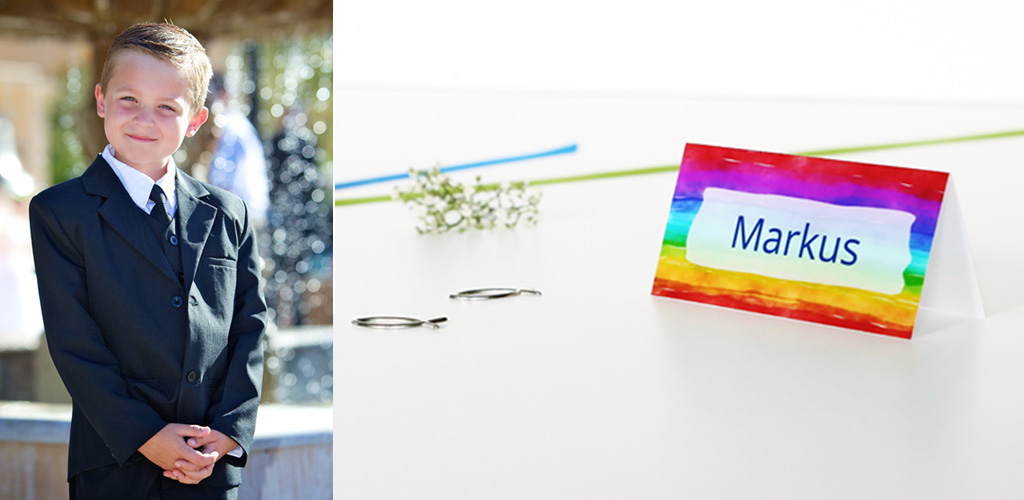 Tischkarten Kommunion Tischkarte Kommunion mit Tischkarte Regenbogen und kleinen silbernen Fischen