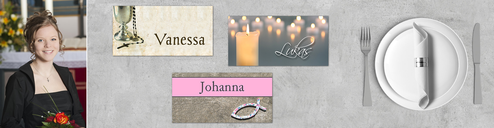 Tischkarten Konfirmation Tischkarten Konfirmation mit Tischkarte und gedecktem Tisch und Konfirmandin