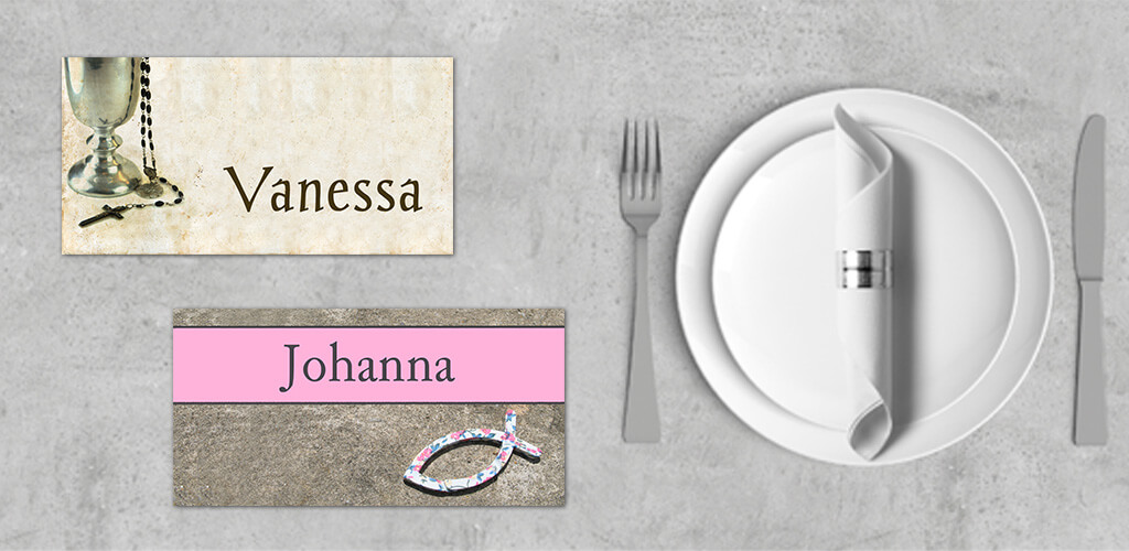 Tischkarten Konfirmation Tischkarten Konfirmation mit Kelch, Brot, Trauben und Kerze