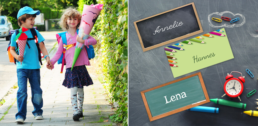 Tischkarten Einschulung Tisch mit Tischkarten, Stiften, Büroklammern und zwei Schulanfängern mit Schultüten