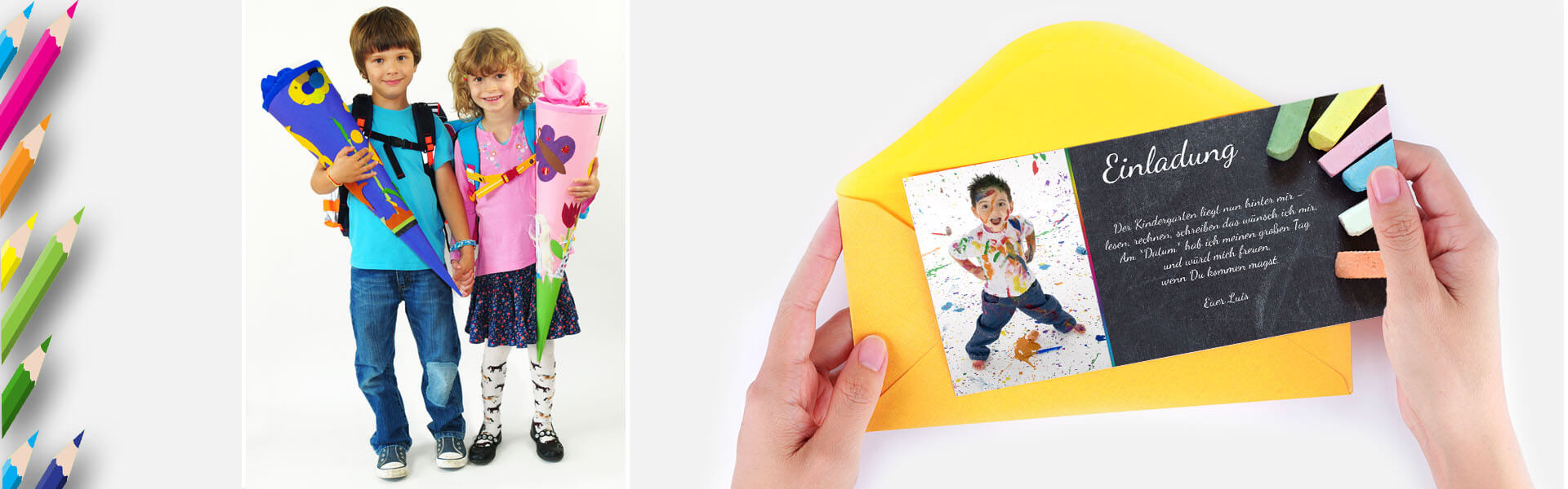 Einladungen Schulanfang Einladungen Schulanfang und Einschulung mit Stiften, Tafeln und Kreide