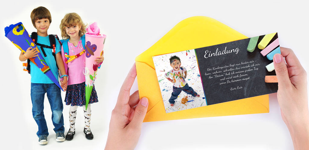 Einladungen zur Einschulung Einladungen Schulanfang und Einschulung mit Stiften, Tafeln und Kreide