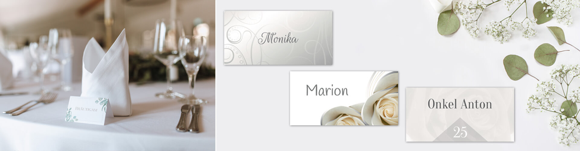 Tischkarten Silberhochzeit Tischkarten zur Silberhochzeit auf einem Tisch mit Schleierkraut