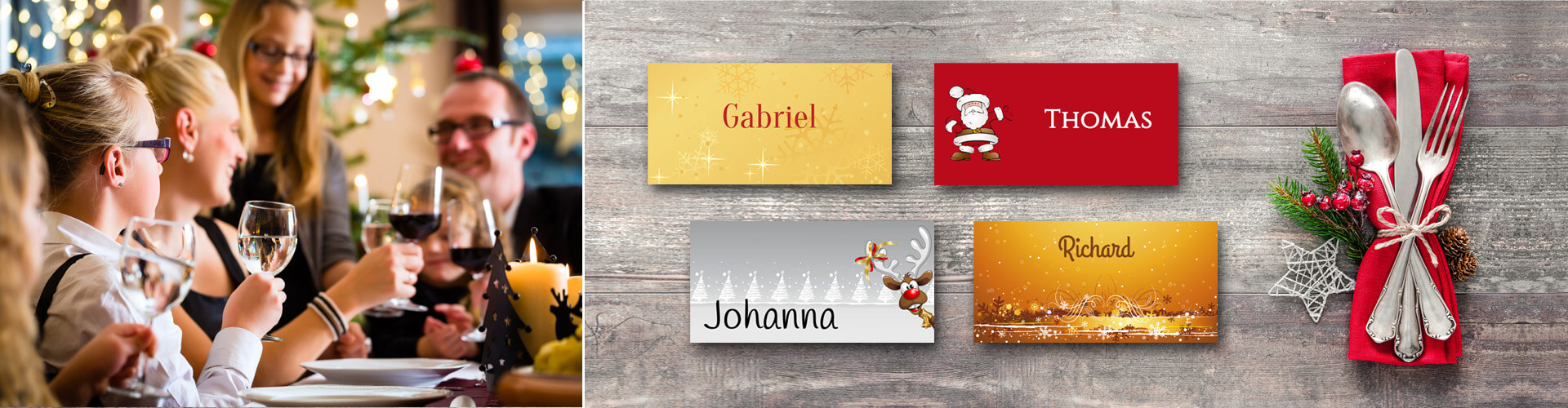 Tischkarten Weihnachten Tischkarten zu Weihnachten auf einem Holztisch mit Besteck